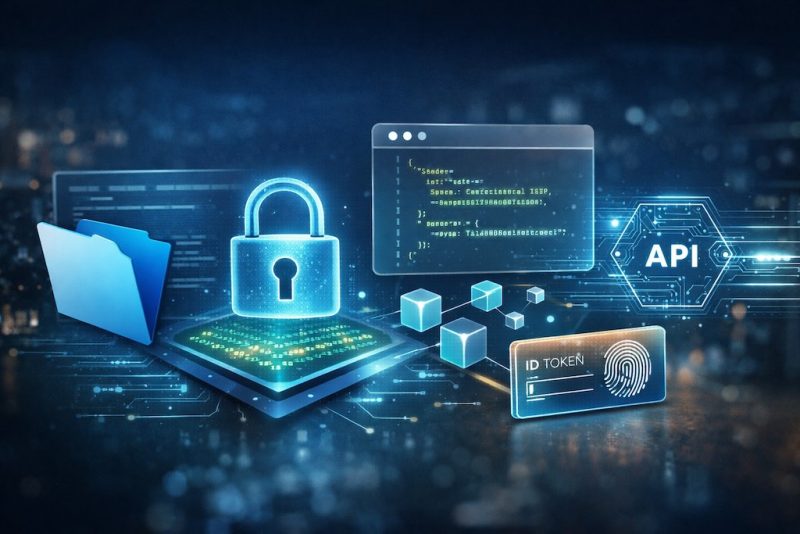 Abstract horizontal illustration of secure API integration with padlock, JSON window, and digital network connections