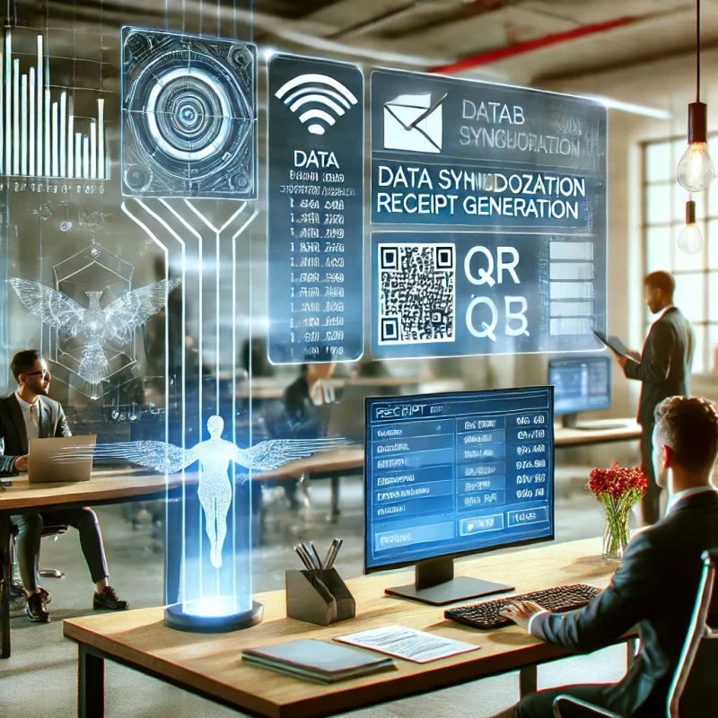 Lolli Group A modern office setting where professionals are integrating a database system with a cloud-based receipt generation platform like Fiskaly. The image f