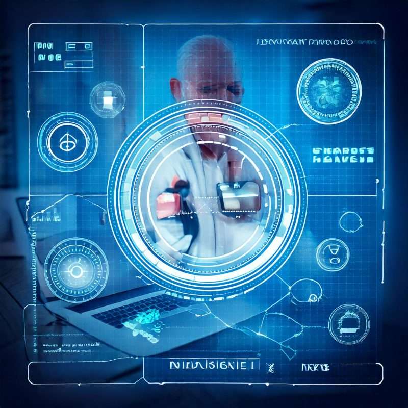 A laptop and smartphone displaying AI-driven dashboards with IoT and data integrations, while an elderly person walks confidently as a family member monitors progress using the phone. A modern and futuristic representation of elder care solutions powered by Claris FileMaker and OpenAI.