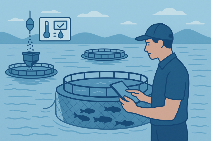 A flat-style illustration of sustainable aquaculture: a worker with a tablet monitors floating fish cages, automatic feeding equipment, and water quality indicators on a calm lake with mountains in the background.