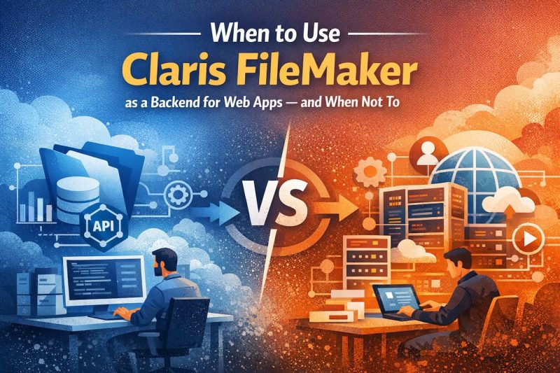 Claris FileMaker backend web apps comparison with traditional backend architecture showing APIs, business workflows, and scalability differences