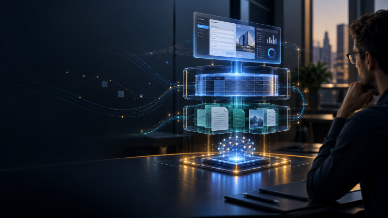 AI architecture connecting FileMaker, PostgreSQL, MongoDB and Python in a business system