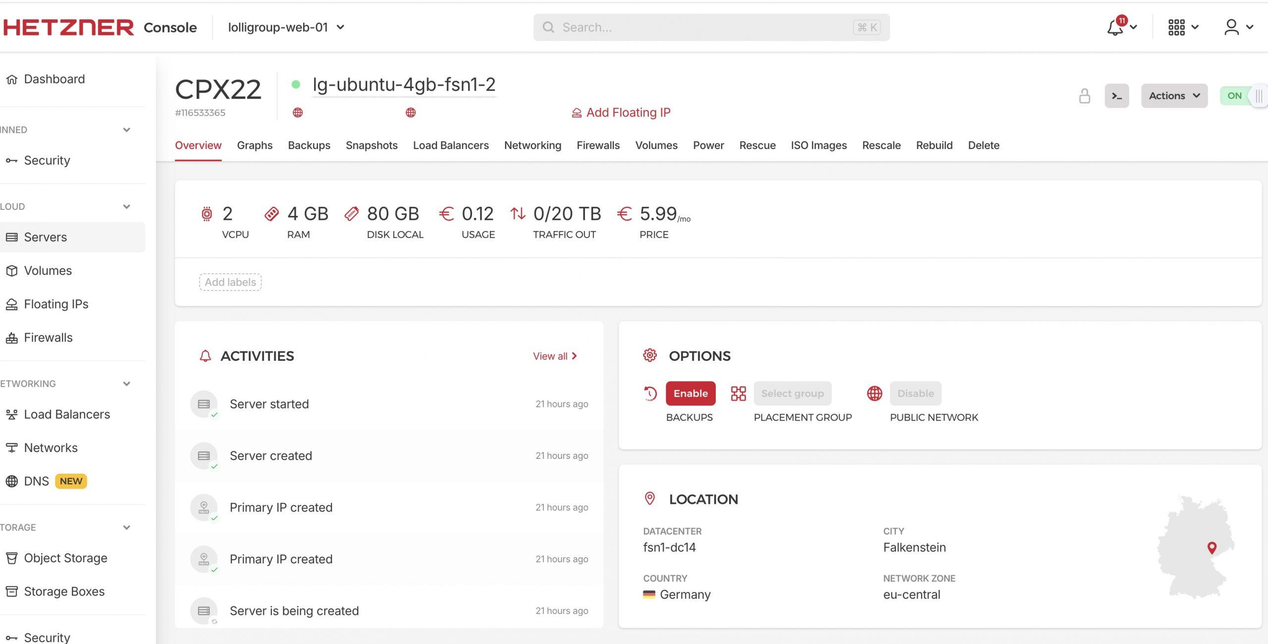 Hetzner Cloud infrastructure with FileMaker Server and WordPress servers used by Lolli Group after migration