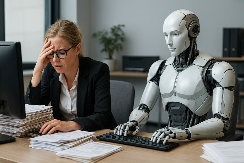 Stressed office worker surrounded by paperwork next to a calm humanoid robot working efficiently on a computer