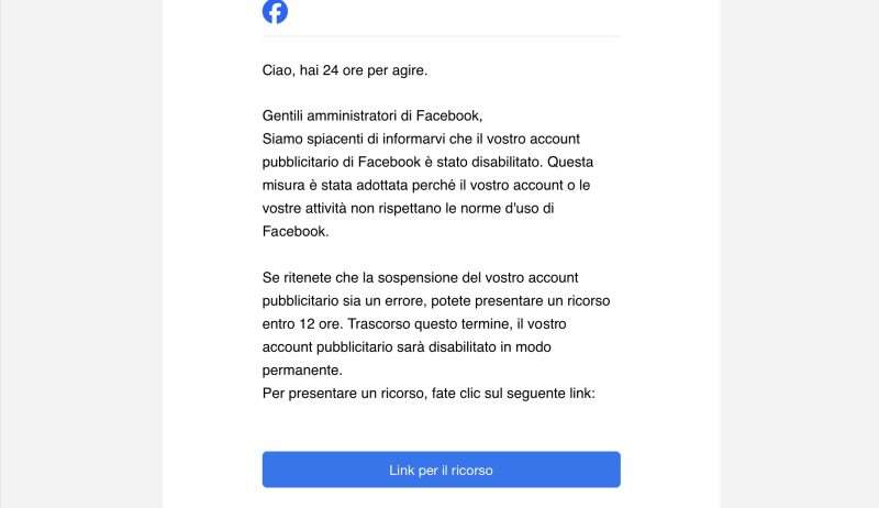 tentativo di phishing facebook mail fake